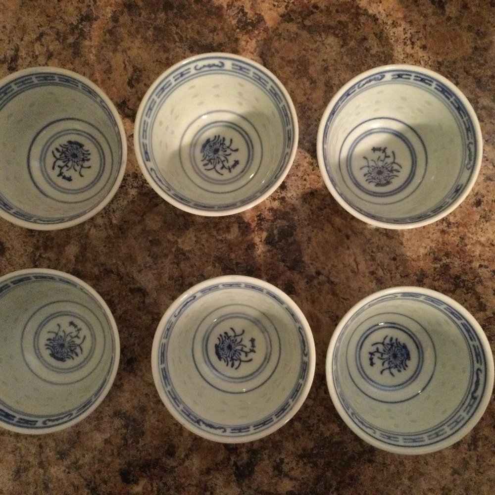 6 Vintage Chinese Translucent Ling Long Rice Tea Cups bowls blue white flower
